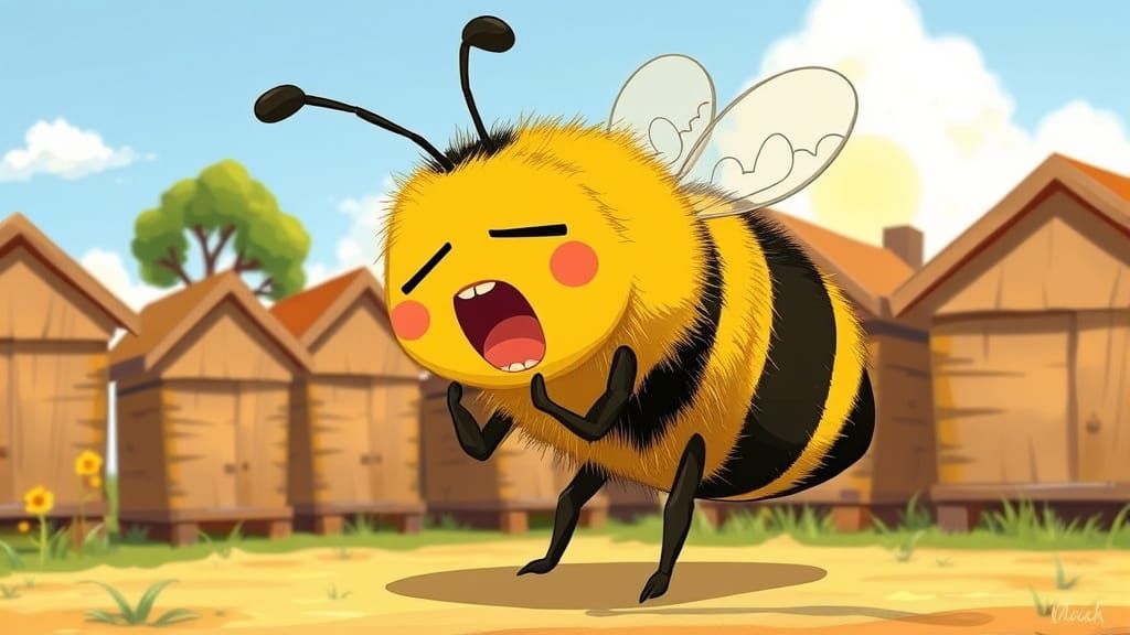 Sleepy Bumblebee Yawning in Cartoon Farm Scene