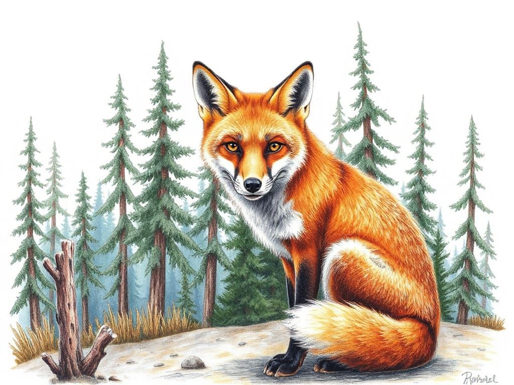Red Fox in Coniferous Forest, Colorful Pencil Drawing