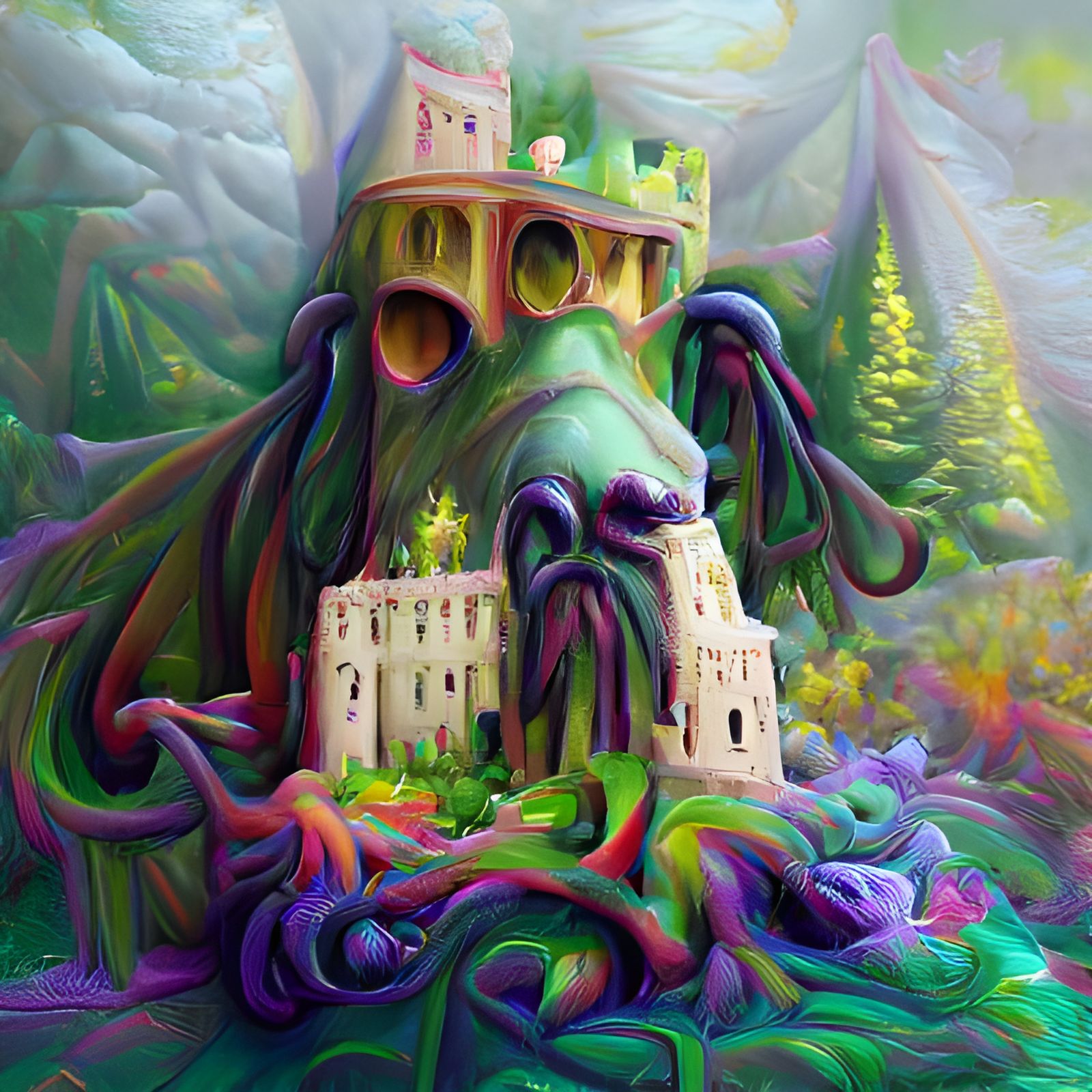 Cthulhu Snoop Dog: Iridescent Impasto Forest Castle