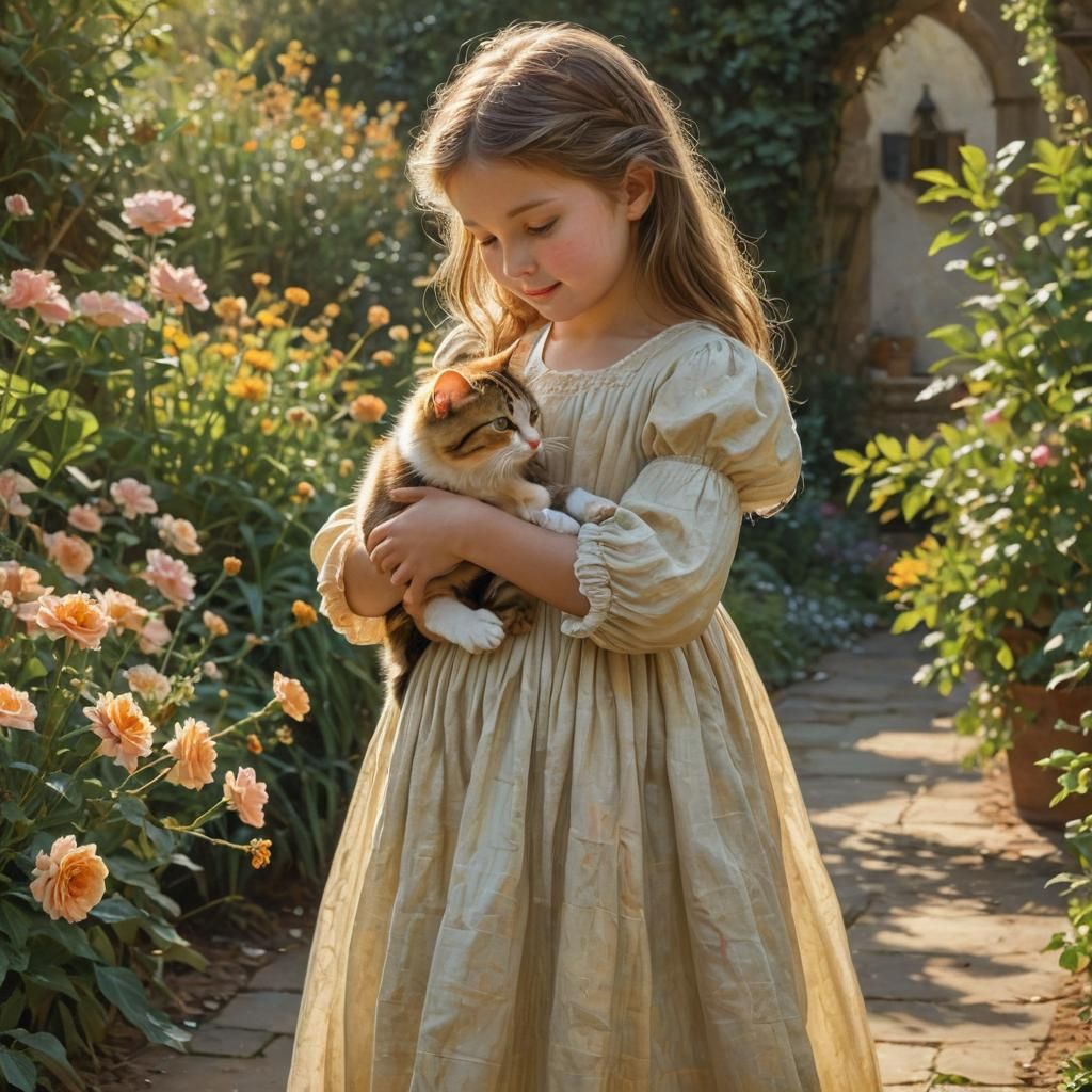 Girl and Cat in Sunny Garden, Impressionist Oil Painting