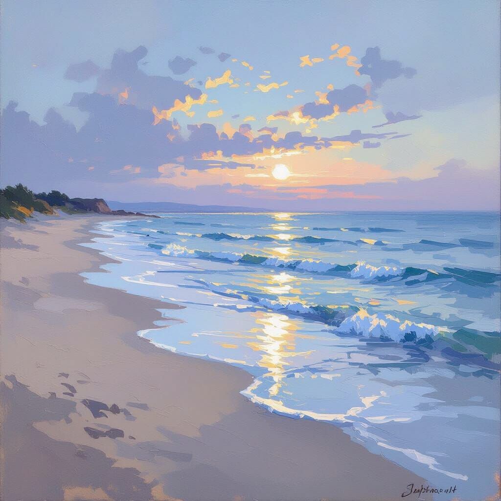 Serene Twilight Coastal Landscape in Impressionistic Style