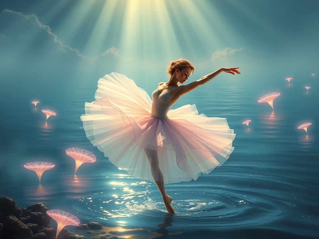 Ballet Dancer's Underwater Arabesque with Luminous Jellyfish