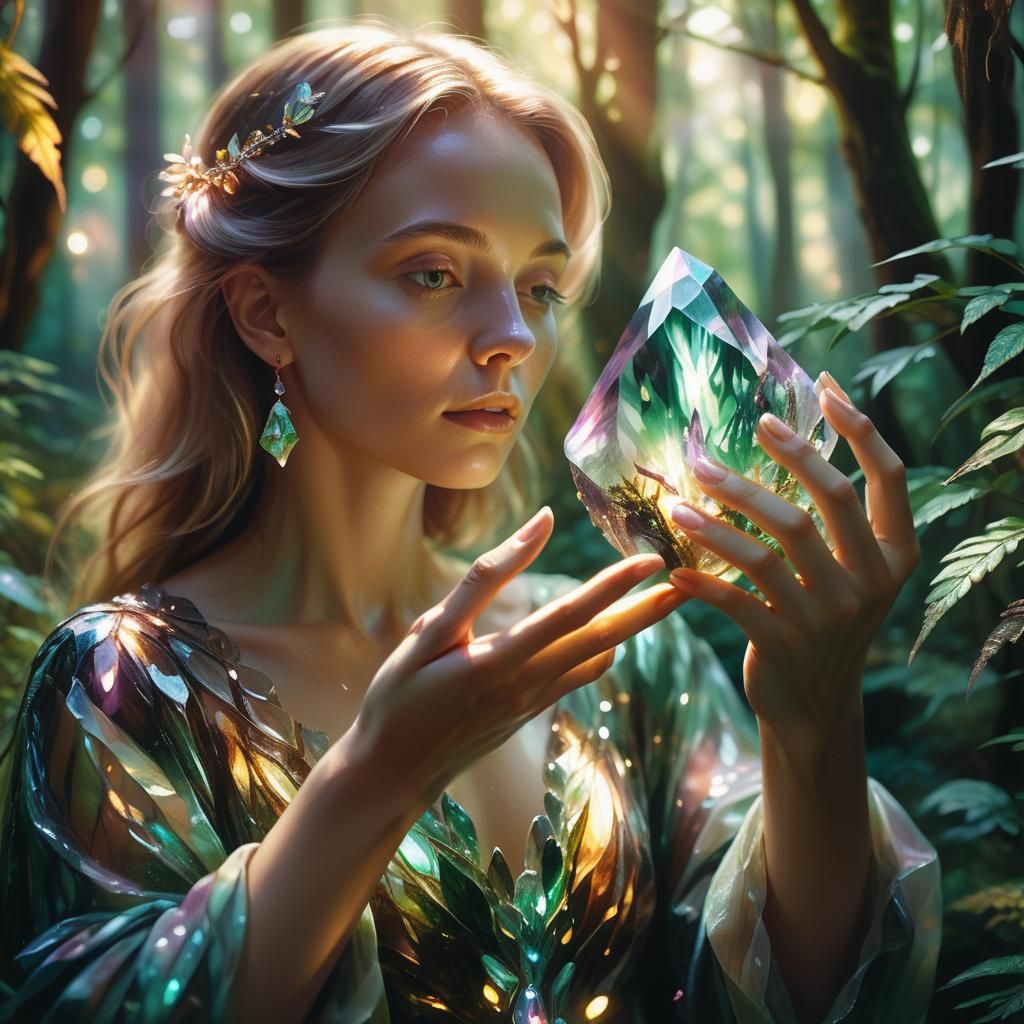 Woman Holding a Glowing Crystal in Forest