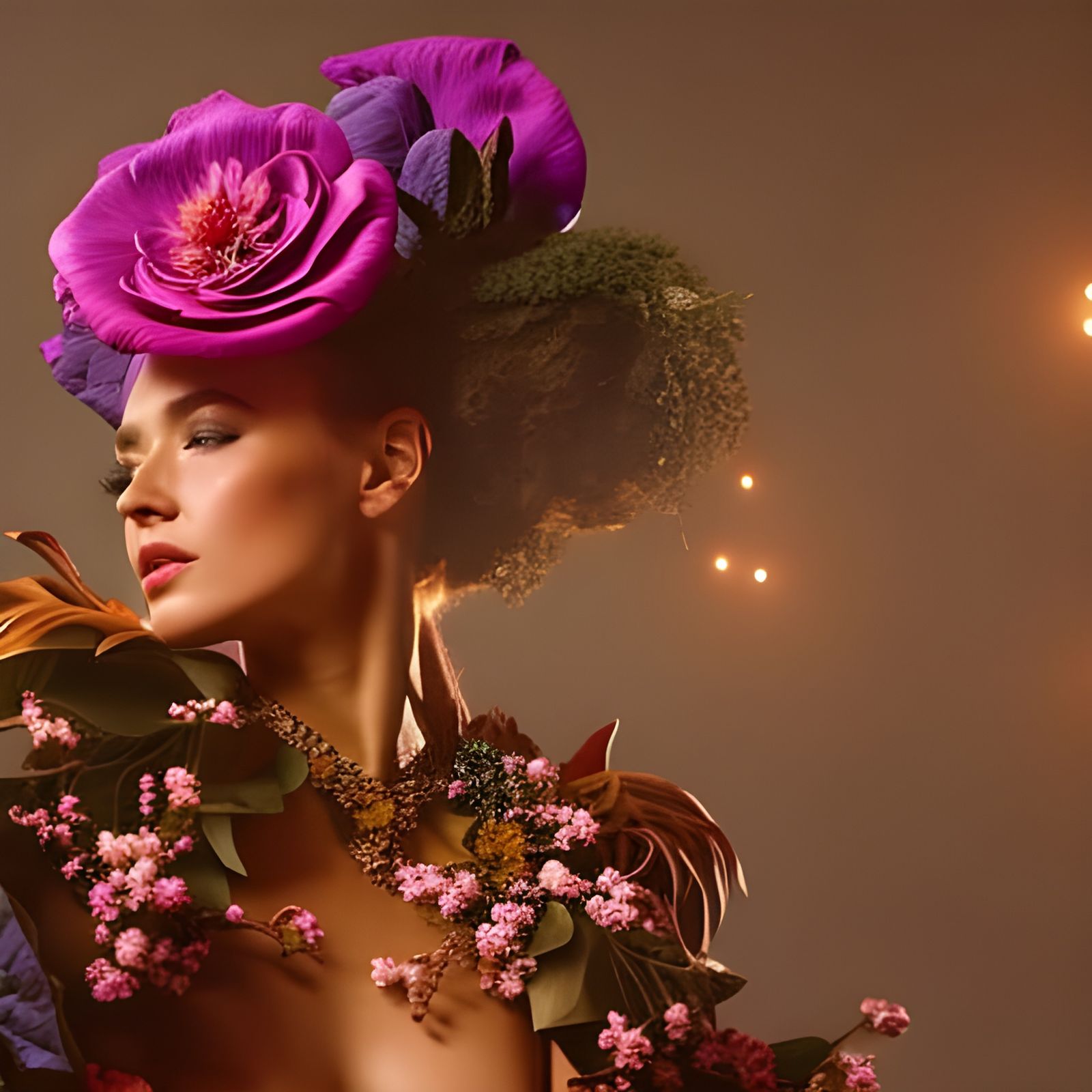 breathtaking female model adorned in a stunning floral ensemble, exuding the essence of natural beauty and grace.