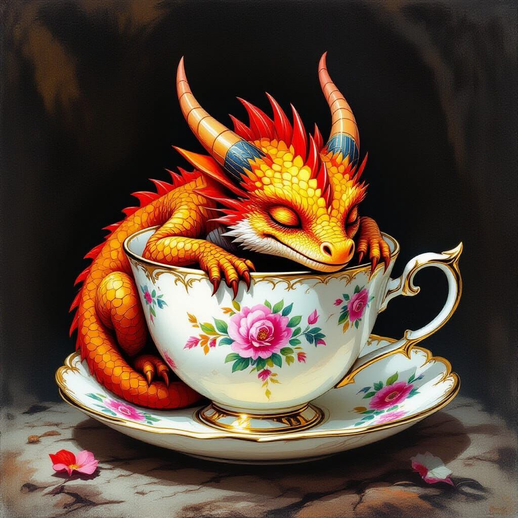 Vivid Dragon Sleeps in Teacup, Dark Fantasy Style