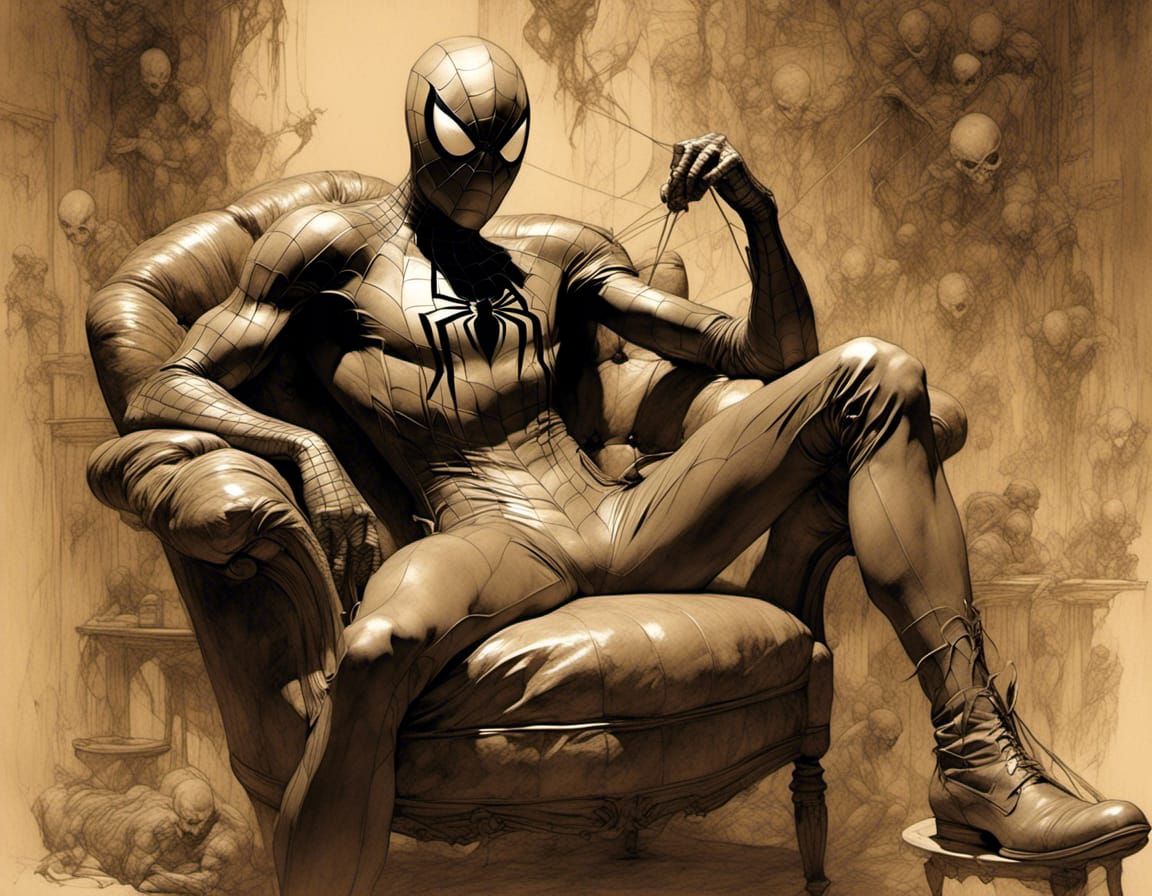 Old Spiderman Knitting, Hyperrealistic Digital Art