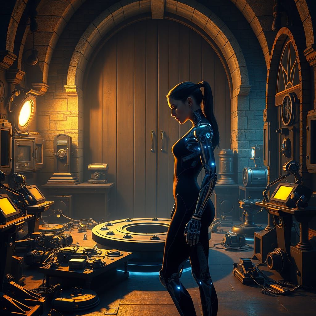 Cyborg Woman in Futuristic Laboratory