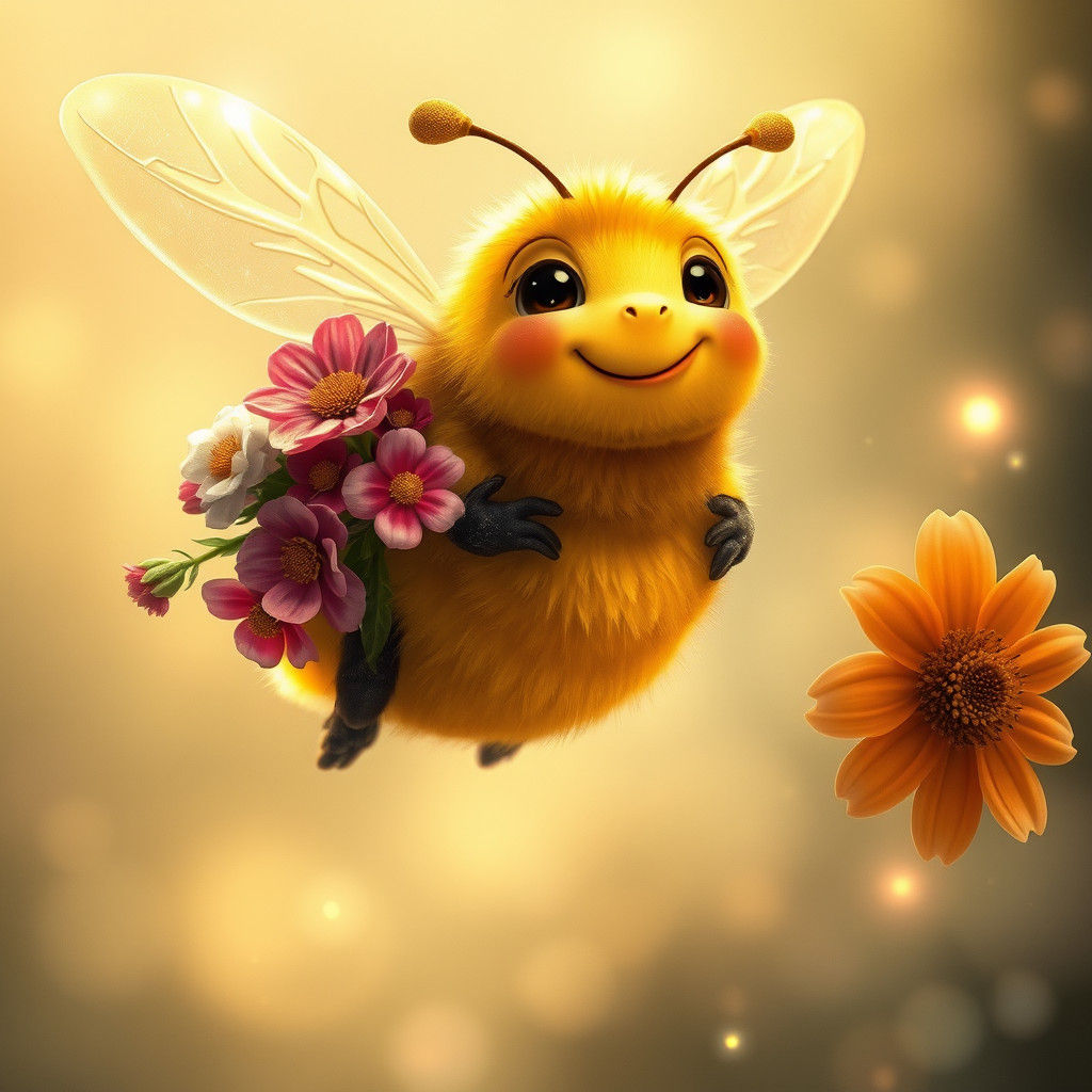 Chubby Female Bee Flies with Flowers in Whimsical Misty Scen...