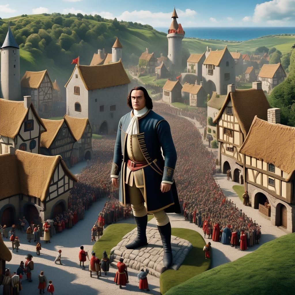 Lemuel Gulliver towers over the tiny land of Lilliput