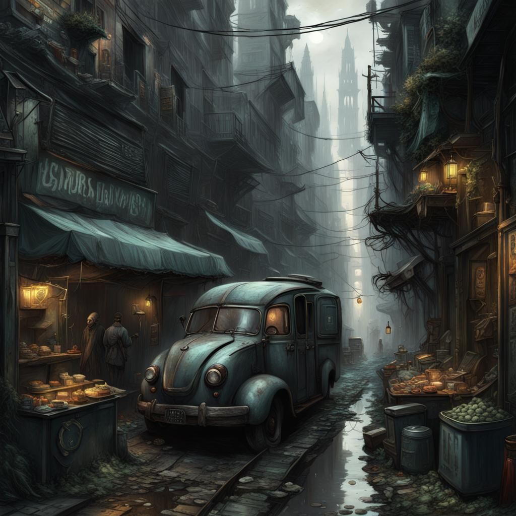 Dystopian Alleyway with Food Stalls, Digital Art