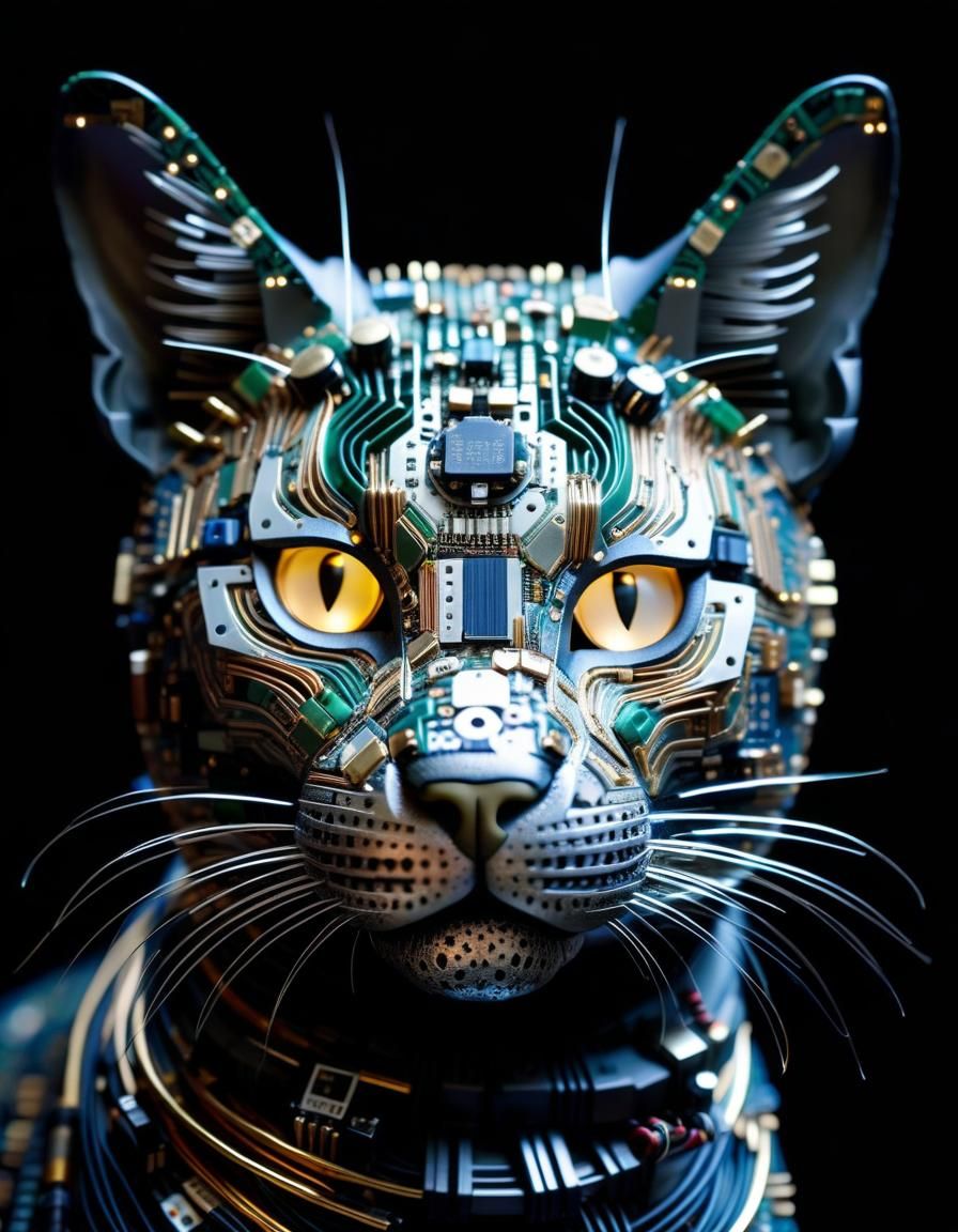 Circuitry Cat Face Crafted from Recycled Electronics