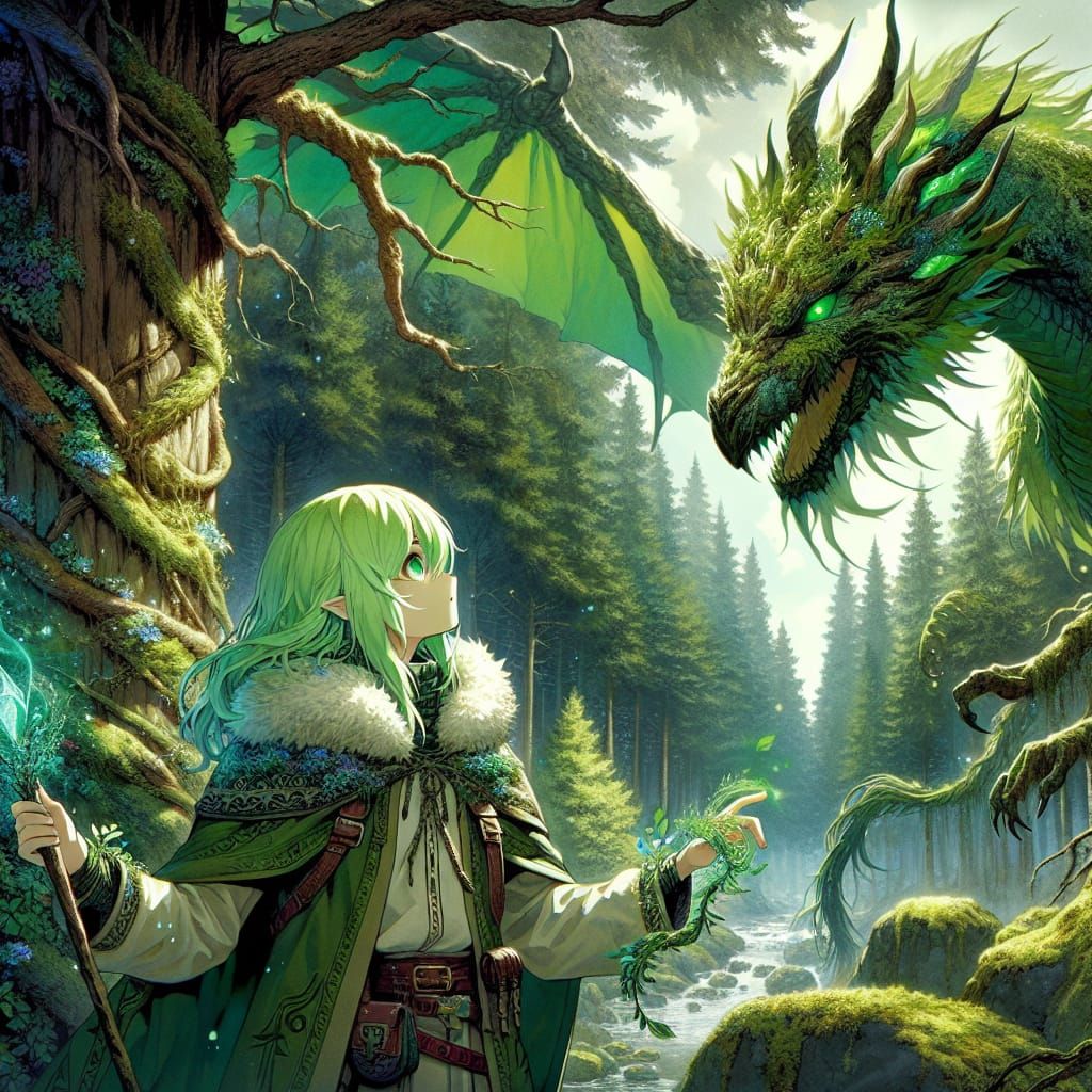 Anime Dryad Activates Elemental Tattoos Near Forest Dragon