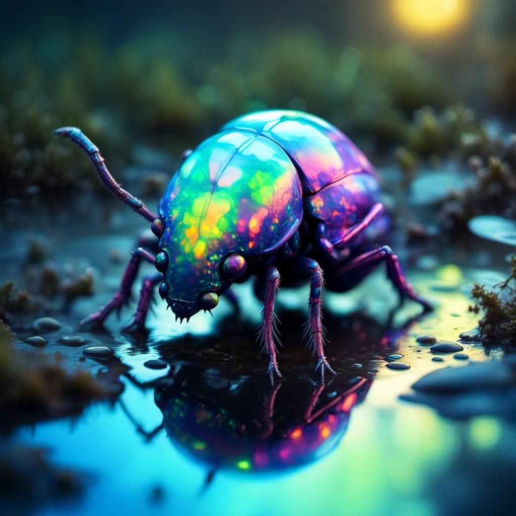 Iridescent Beetle Monster in Reflective Puddle