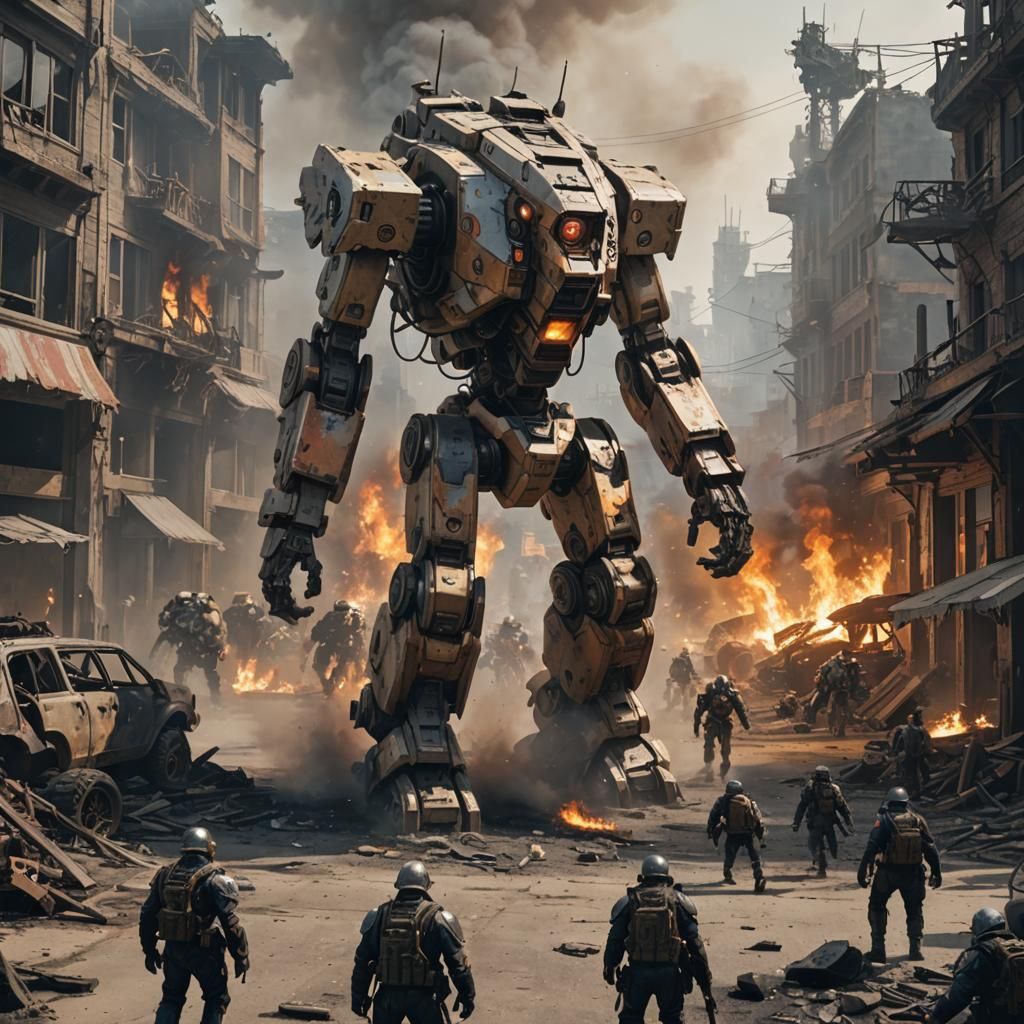 Battle-Mech Emerges from Burning Town