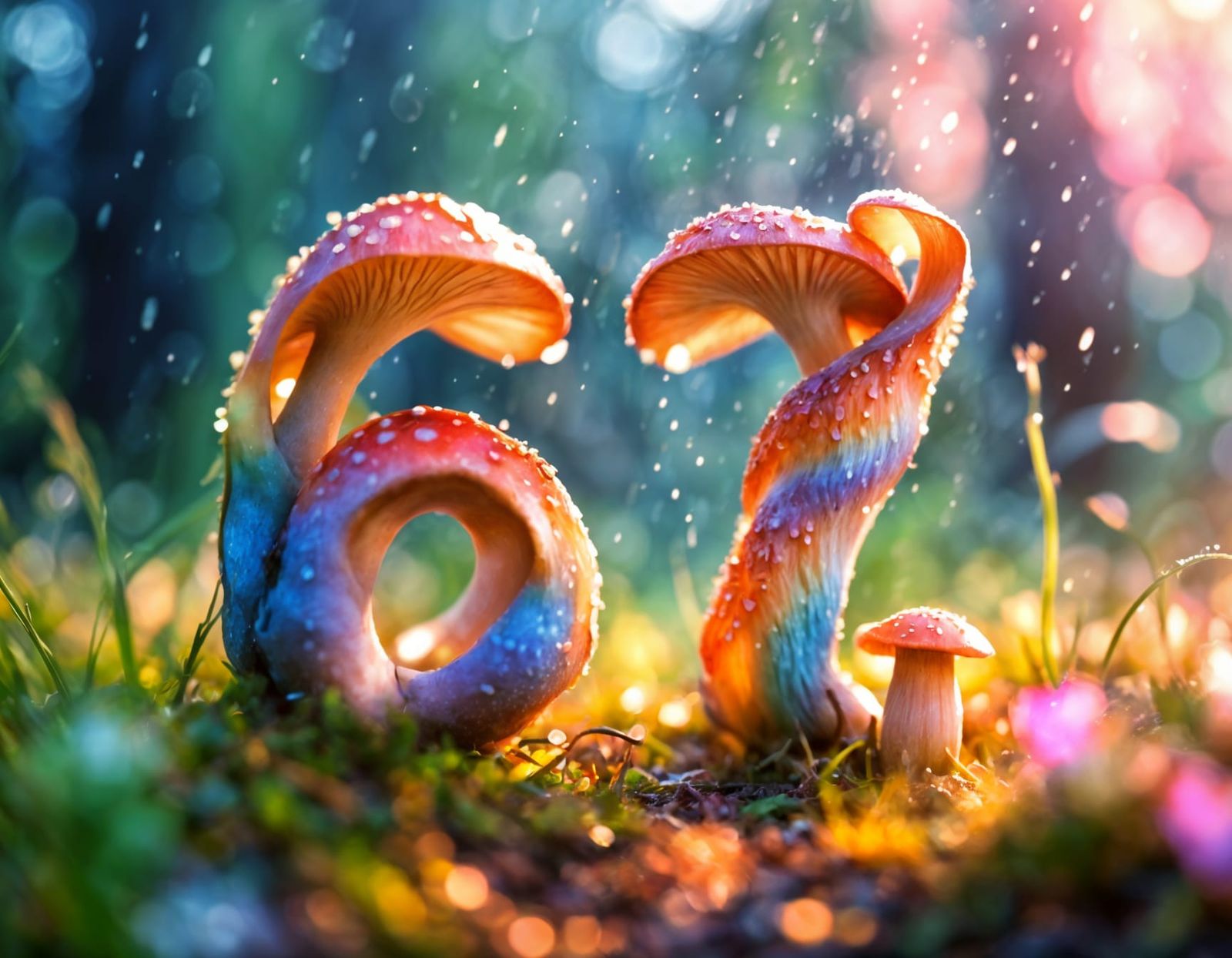 Psychedelic Mushrooms Form Number 67 in Rainy Forest