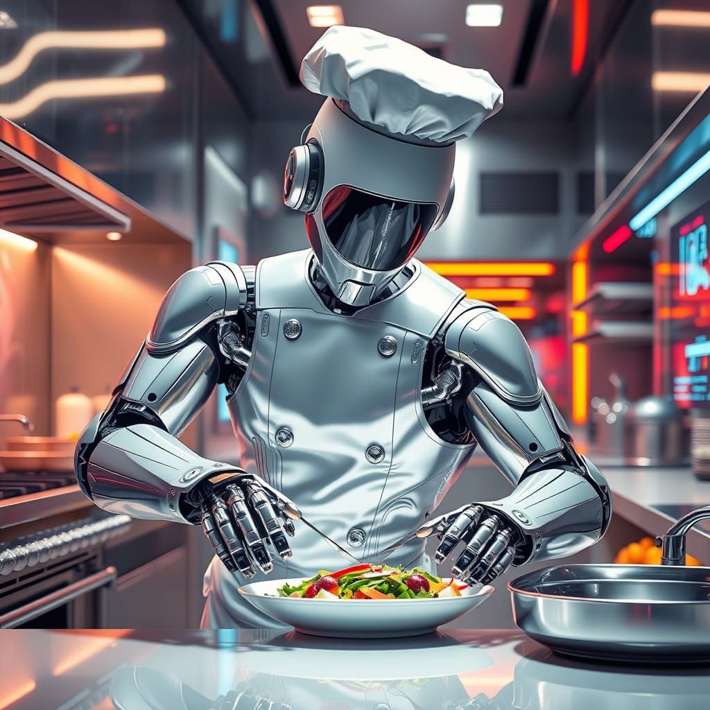 Chrome Robot Chef in High-Tech Kitchen
