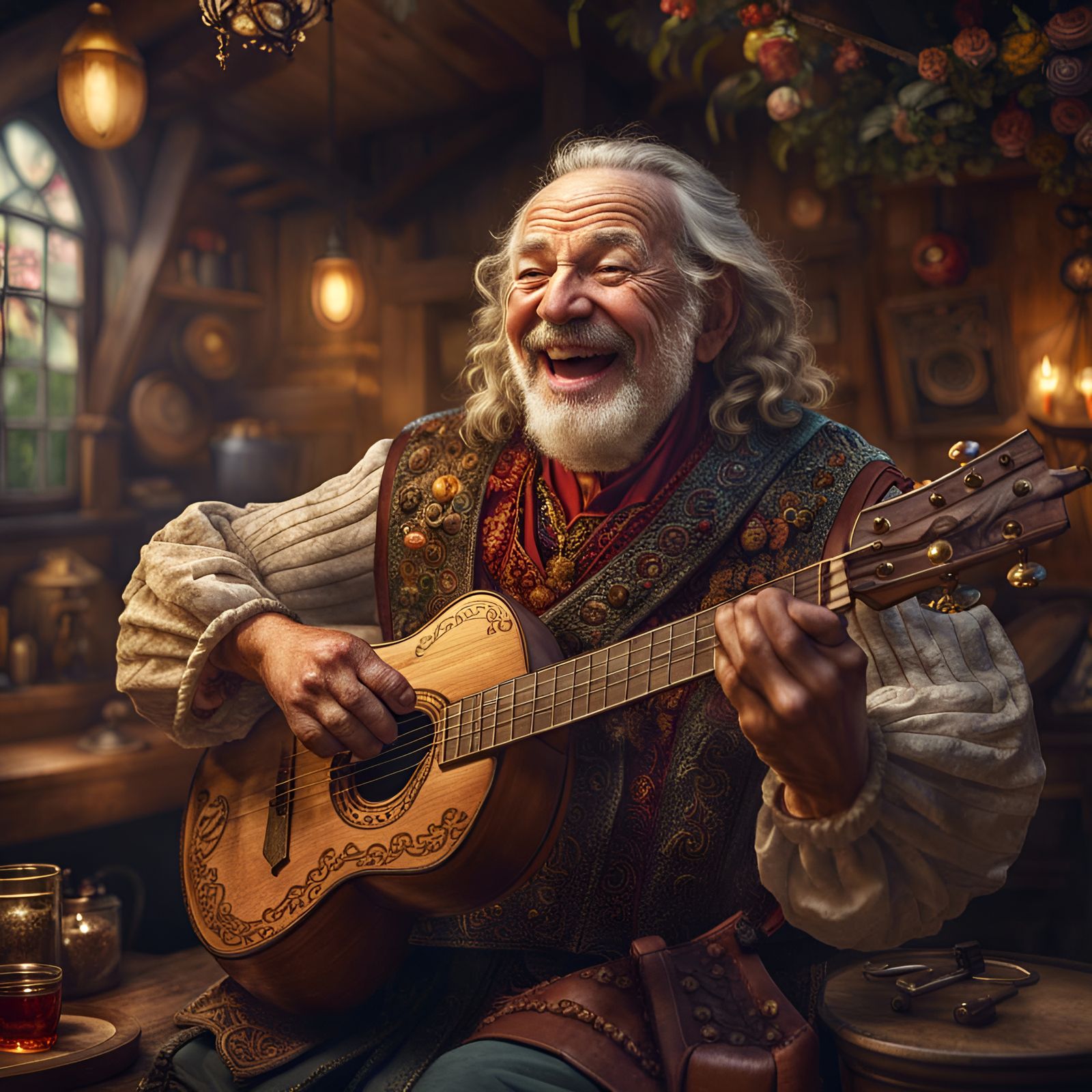Laughing Bard in Medieval Tavern, Detailed Portrait