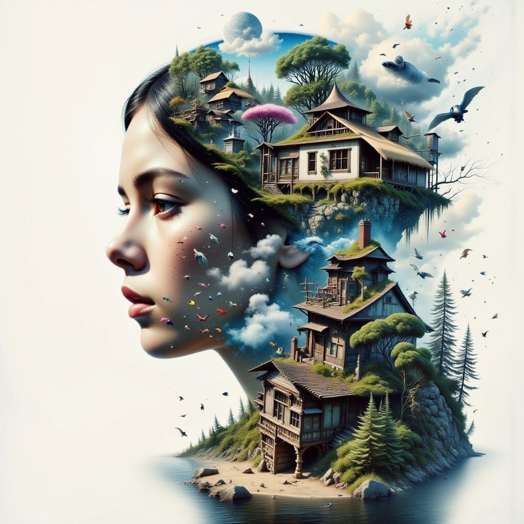 Persistence <lora:Dreamweave Flux:1.0> <lora:CREEPISH CUTE:1.0> Journey Collage Adventure Dreams Double exposure