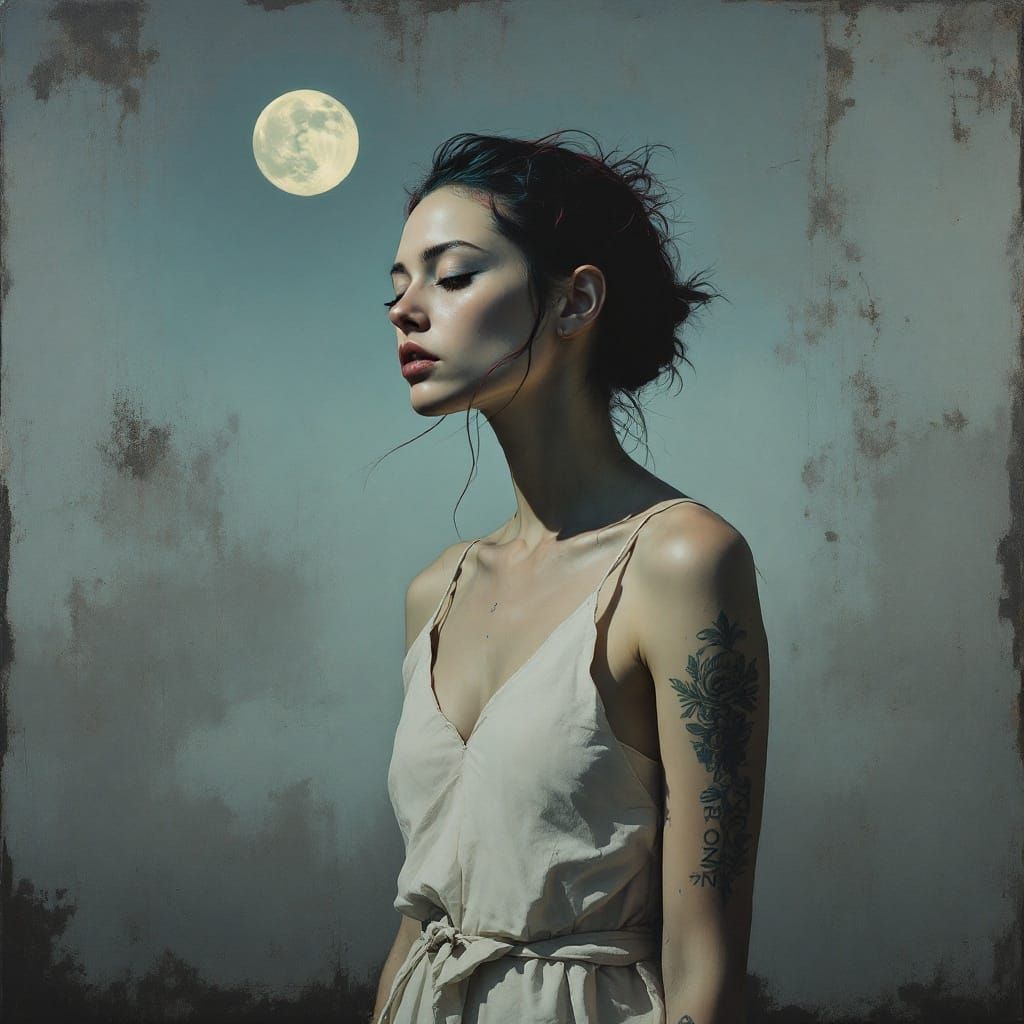 A Haunting Female Figure in Moonlit Abstraction