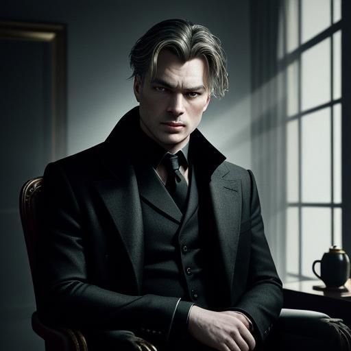 Elegant Young Man in Opulent Room, Film Noir Style