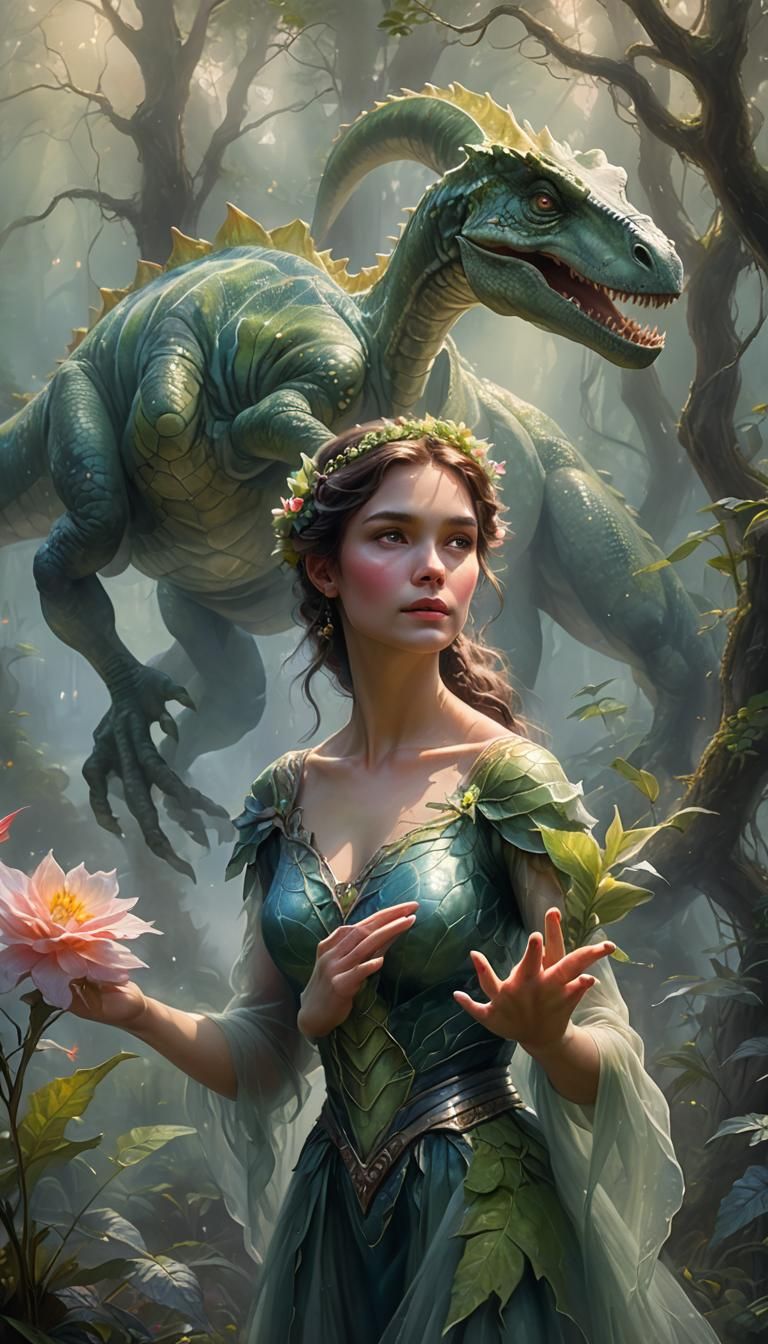 Dinosaur Woman in Misty Forest, Magical Realism