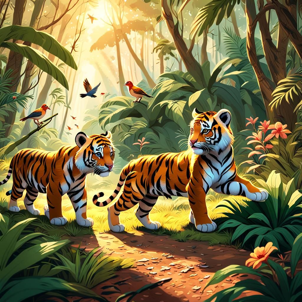Tiger Cubs Playing in Tropical Forest at Golden Hour