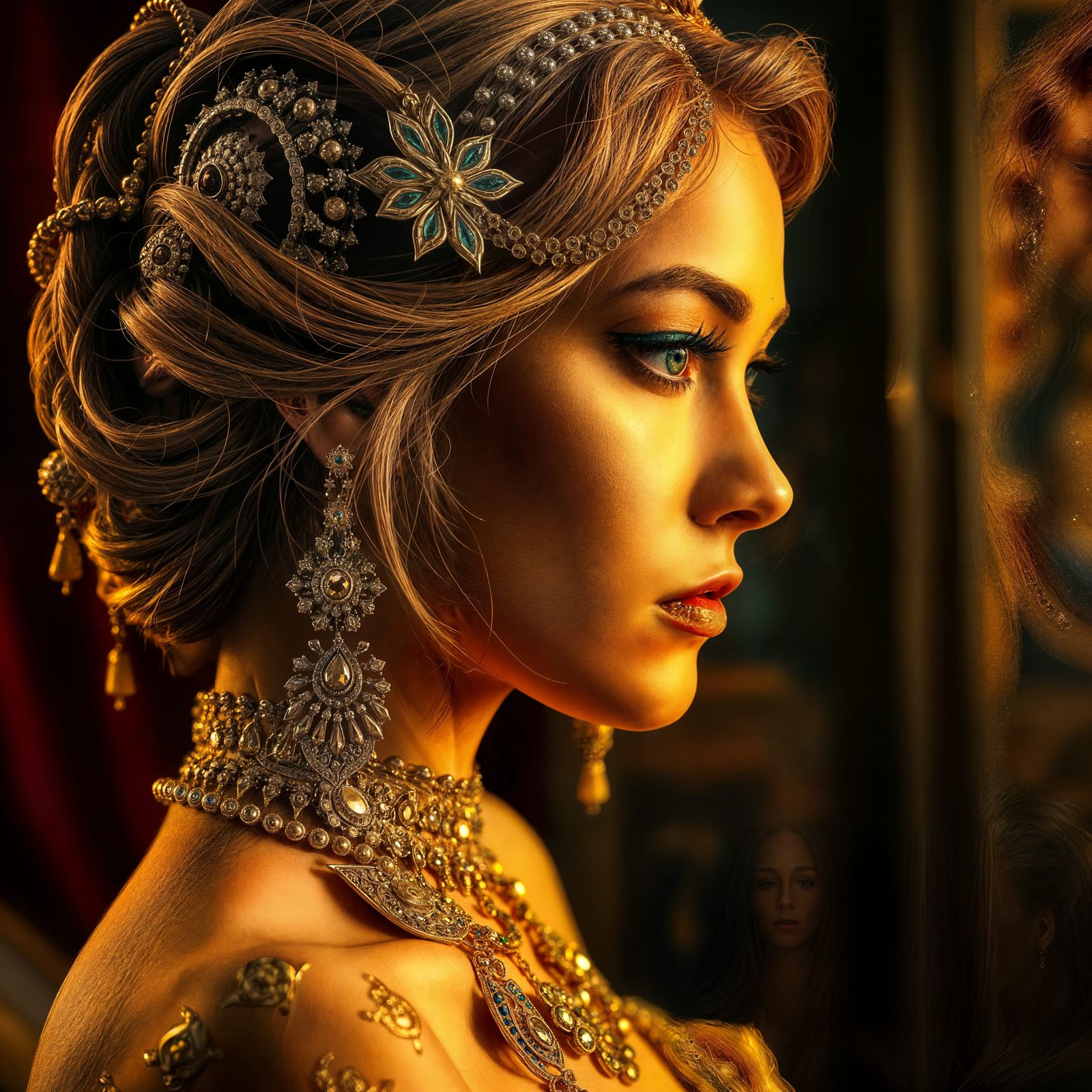 Woman with Gold Jewelry: Hyperrealistic Digital Art