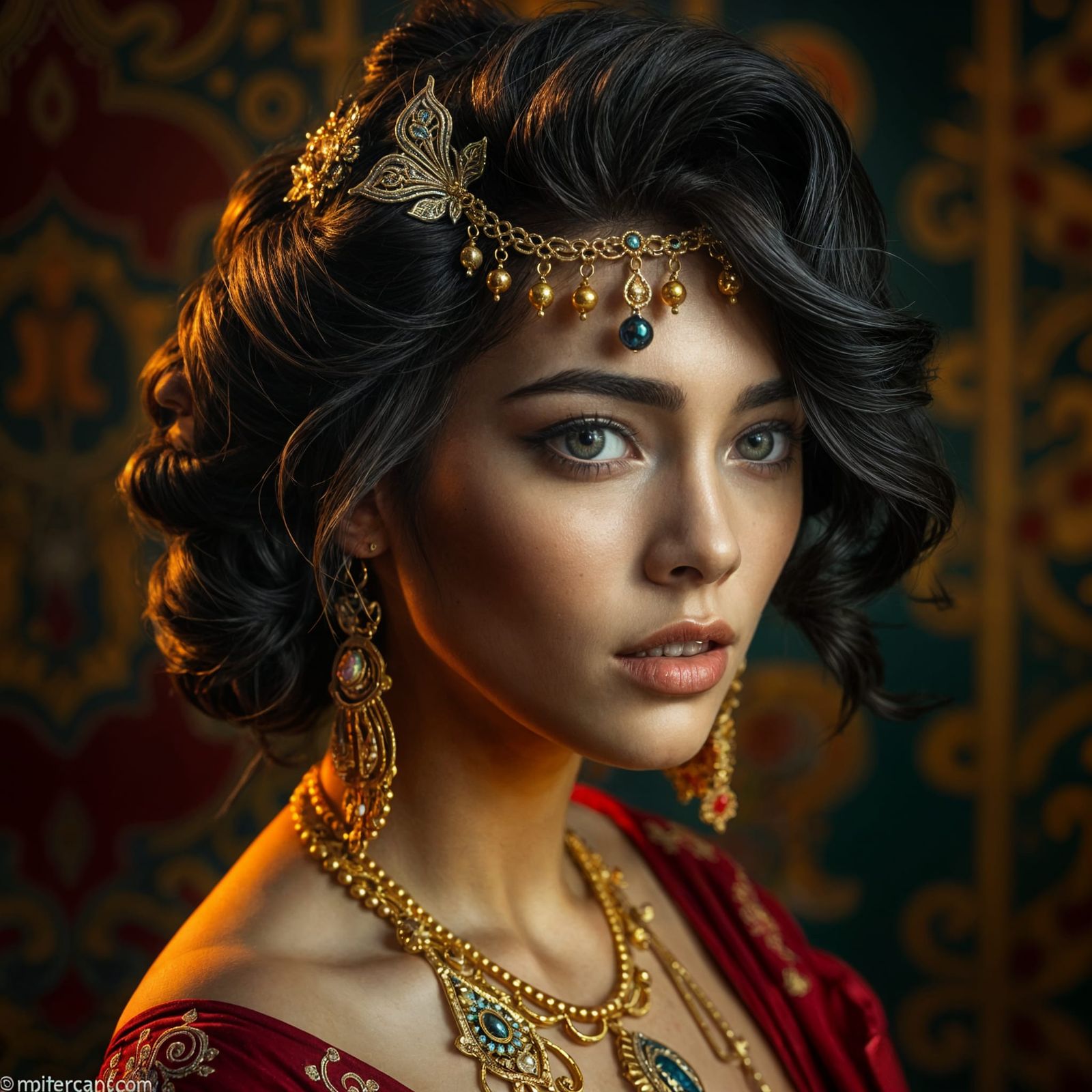 Woman in Gold Jewelry: Hyperrealistic Splash Art Portrait