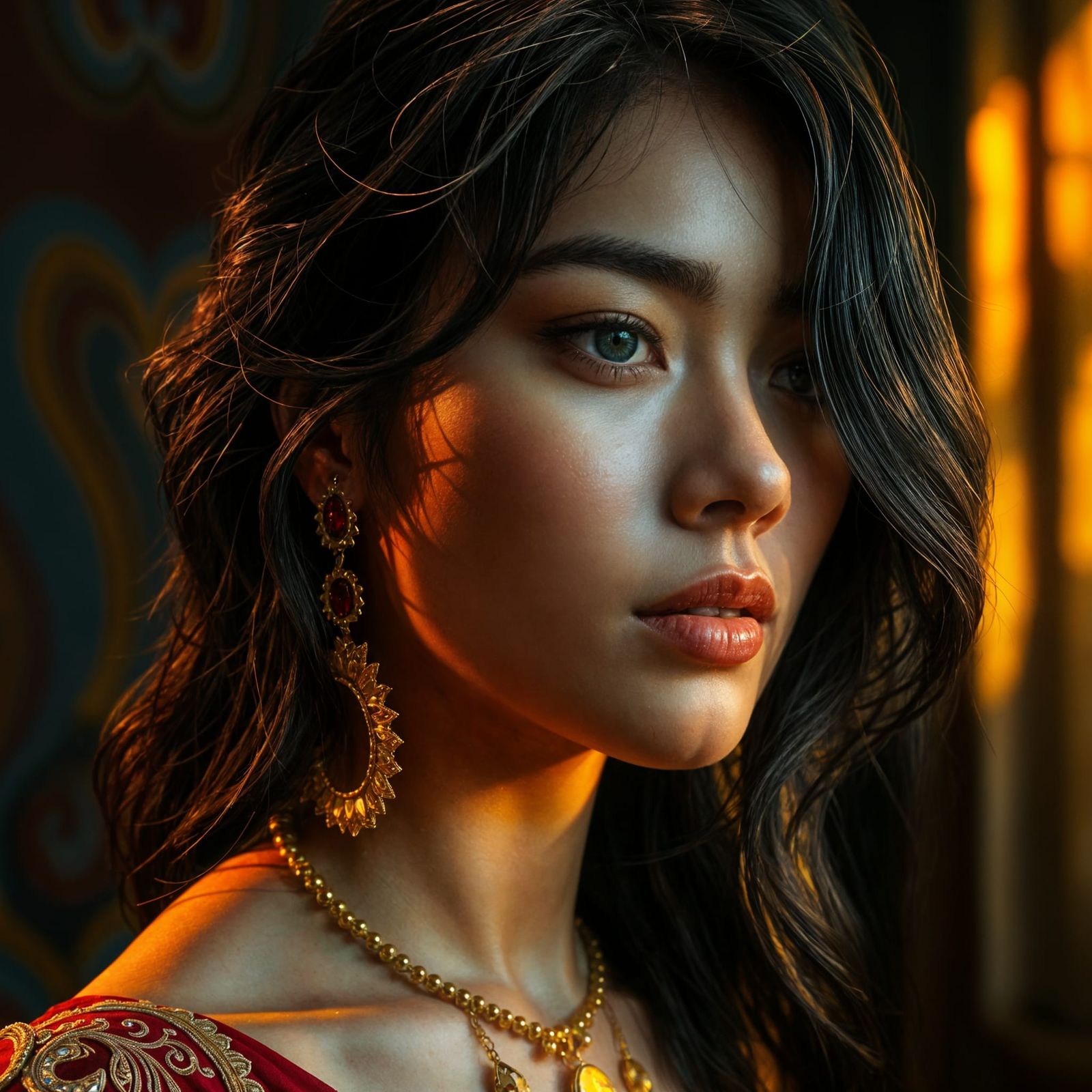 Woman with Gold Jewelry in Hyperrealistic Splash Art