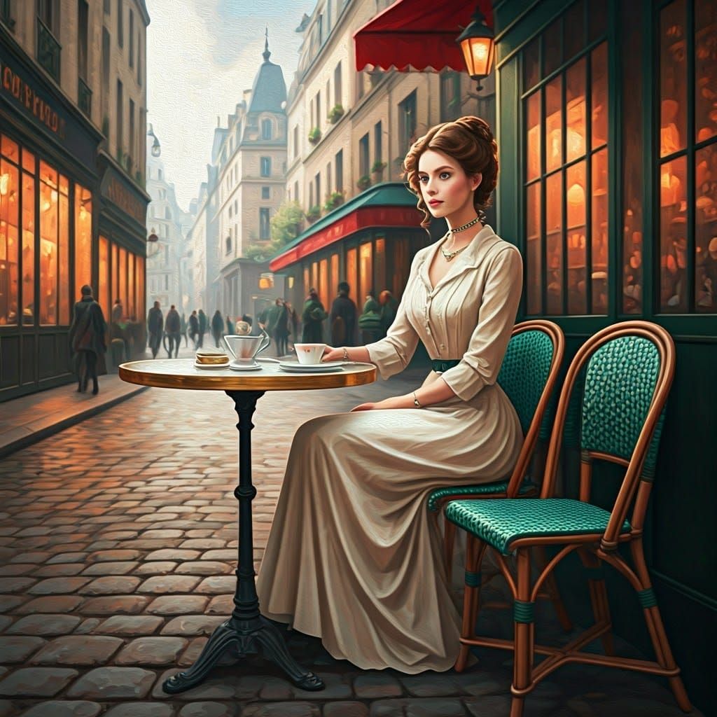 Parisian Cafe Scene with Woman in Period Dress