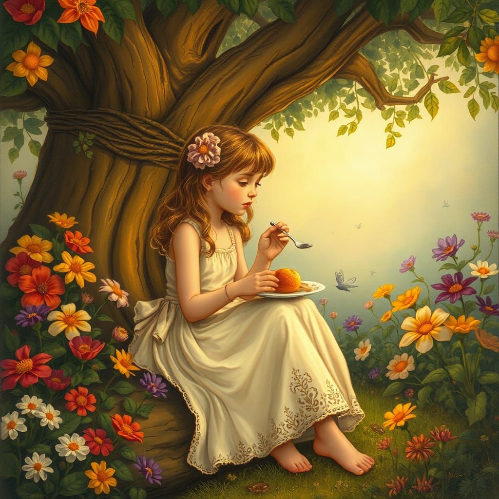 Breakfast in Magical Garden: Fantasy Art Illustration