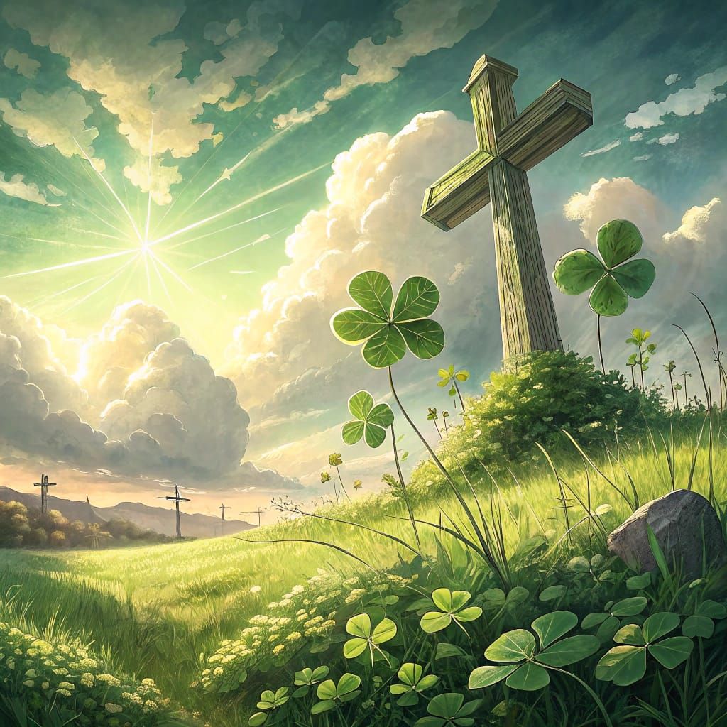 Surreal Summer Cross in Lush Emerald 4-Leaf Clover Field