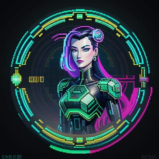 Retro-Futuristic Cyborg Portrait in Neon Pixel Art