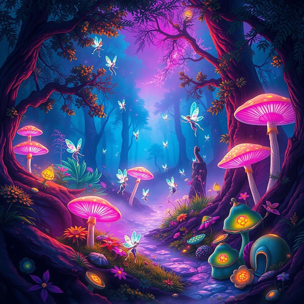 Neon Fairies Dancing in Surreal Dreamlike Forest