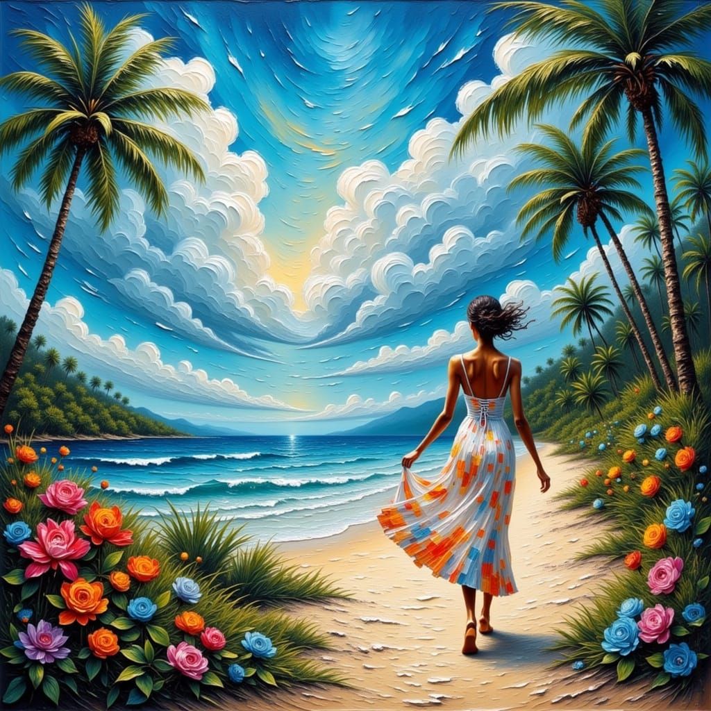 Woman on Tropical Beach in Abstract Realistic Style