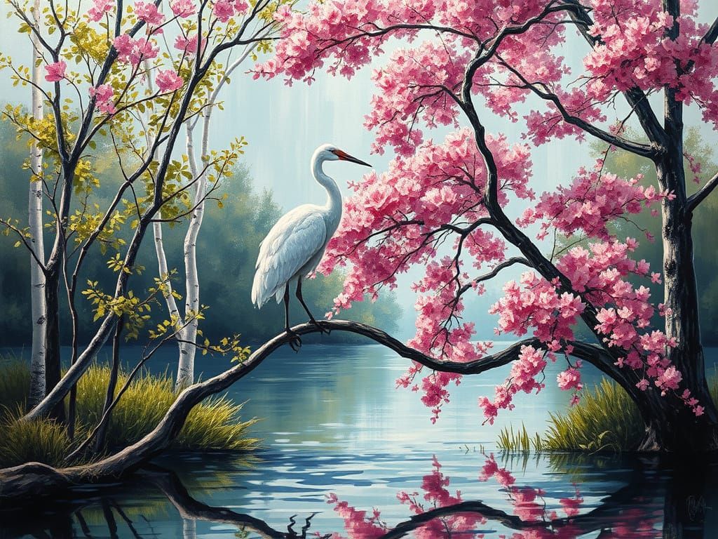 Ice and Fire Cranes on Cherry Blossom Tree, Impasto Oil Pain...