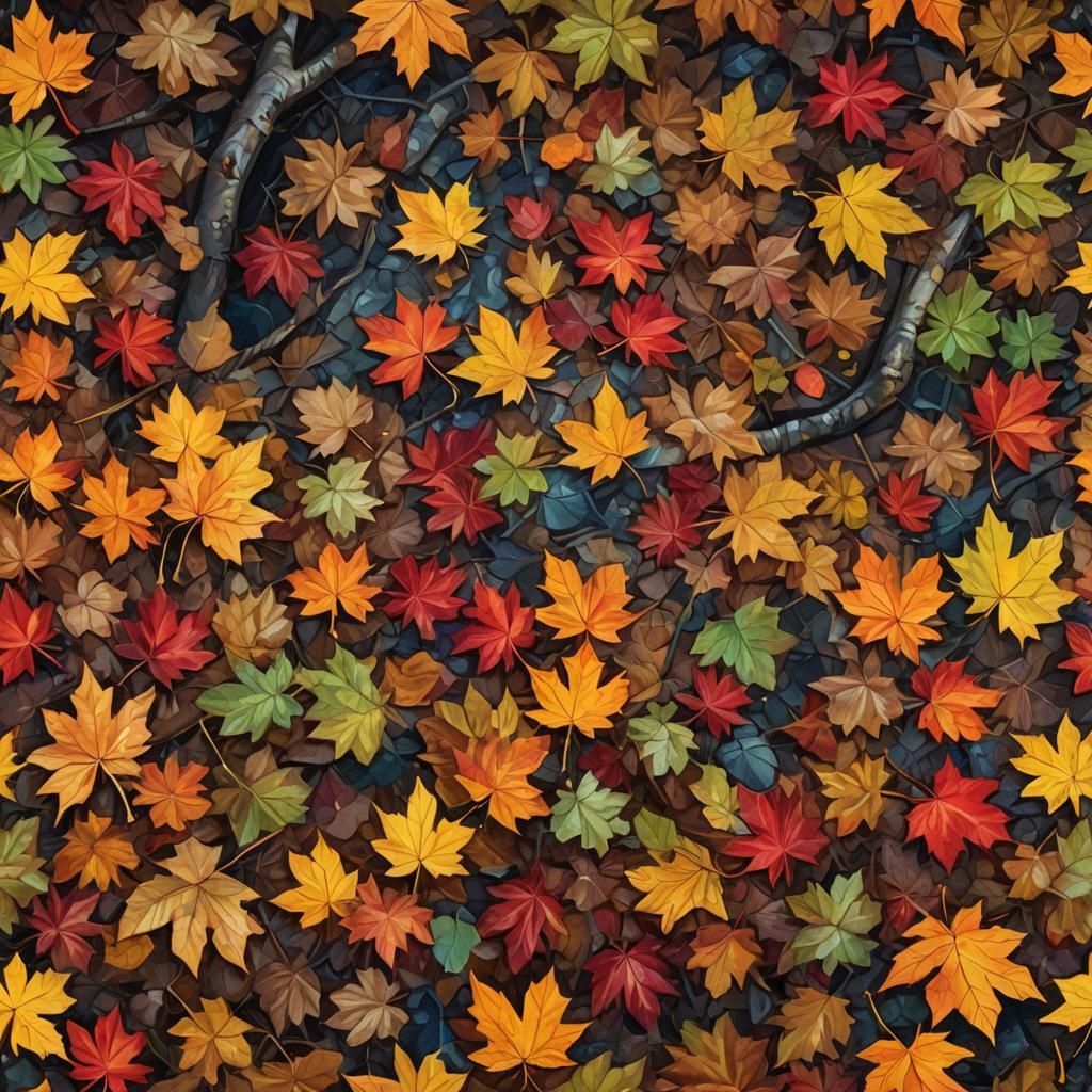 Autumn Leaves in Forest: Triadic Color Oil Painting