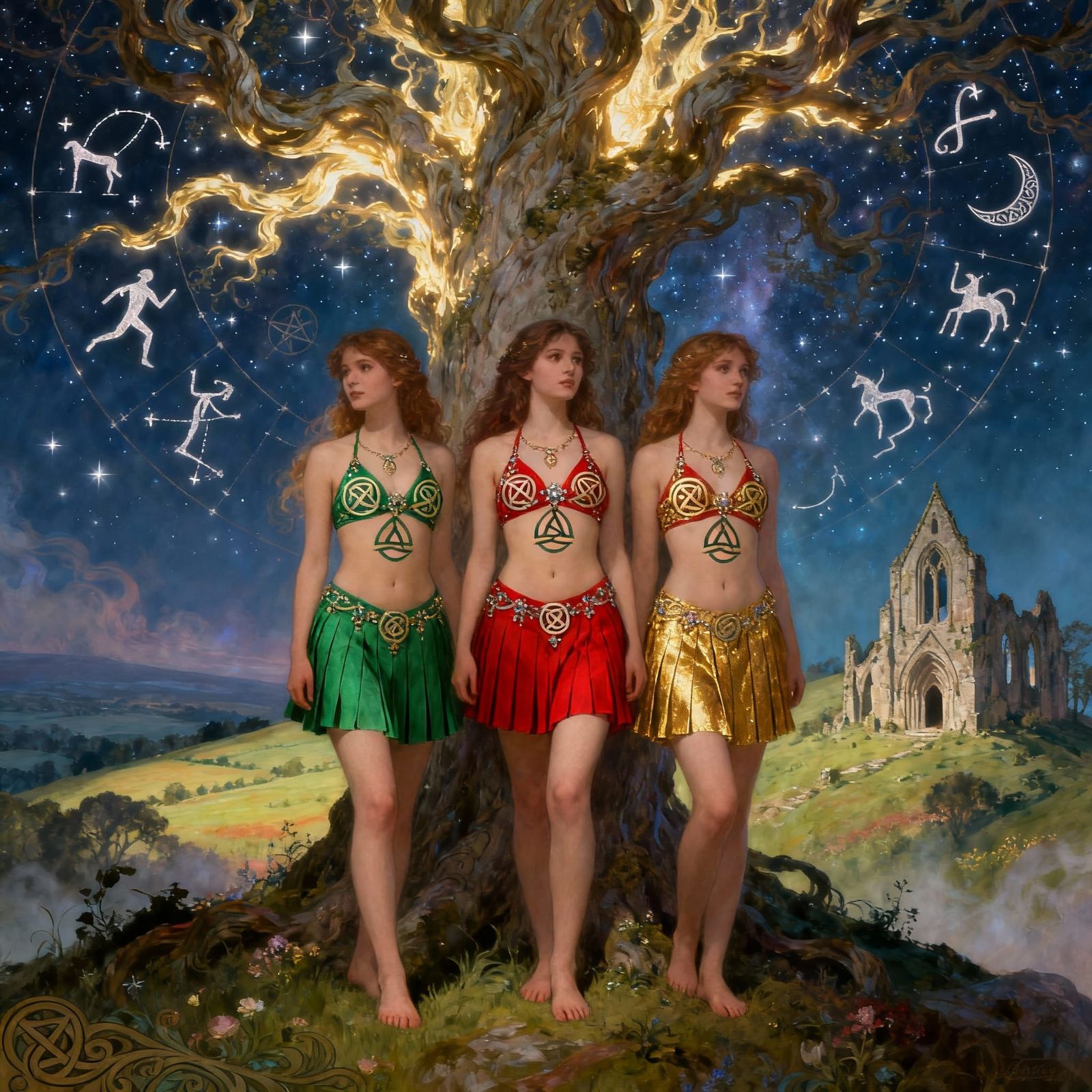 Celtic Women by Tree of Life Under Starry Sky