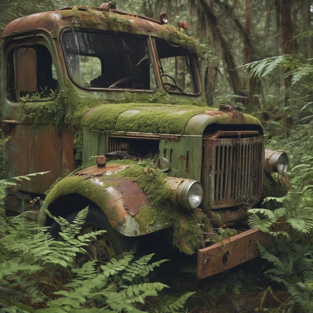Abandoned War Truck in Misty Forest: Digital Photography