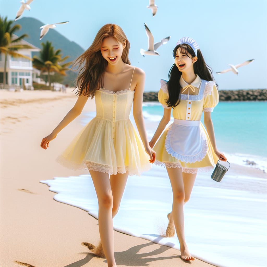 Girls Strolling on Beach in Sundress and Maid Outfit