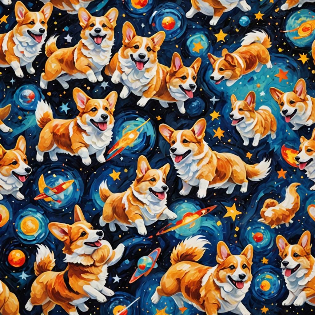 Corgis Fly Through Space: Expressionist Oil Painting