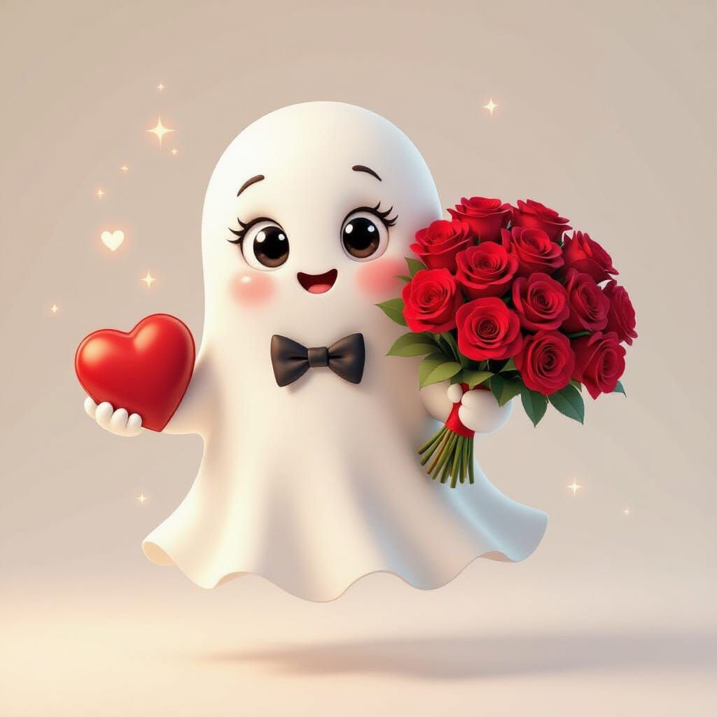 Cute Cartoon Ghost Delivering Roses and Chocolates