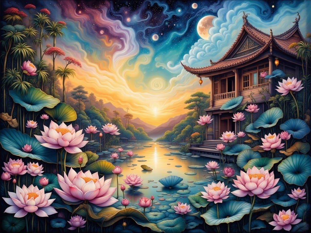 Cosmic Lotus Pond in Vietnamese Impressionism