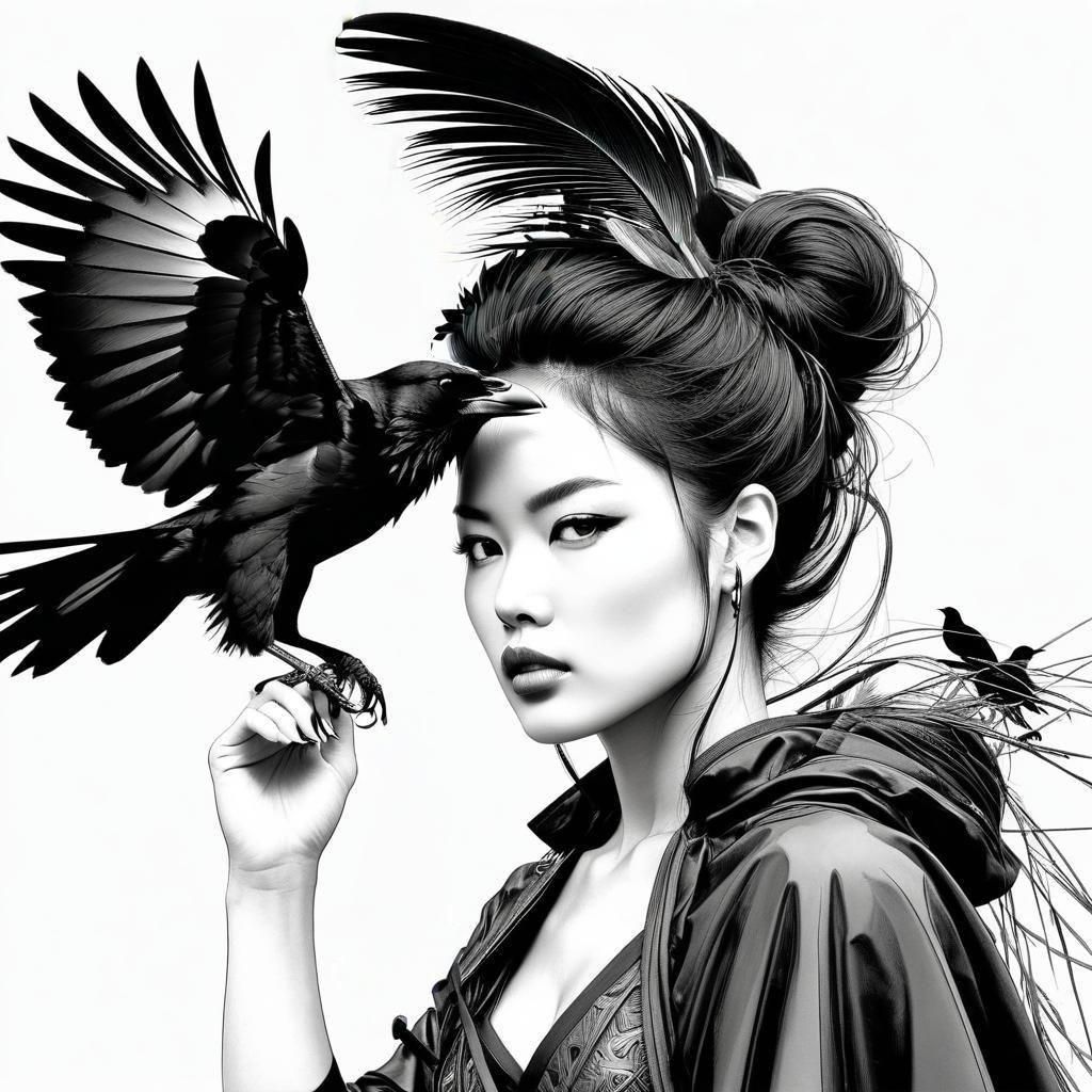 Maximalist Pencil Sketch of Warrior Woman with Crow