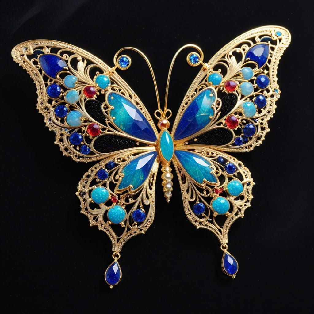 Luxurious Gold Butterfly Brooch with Gemstones and Intricate...