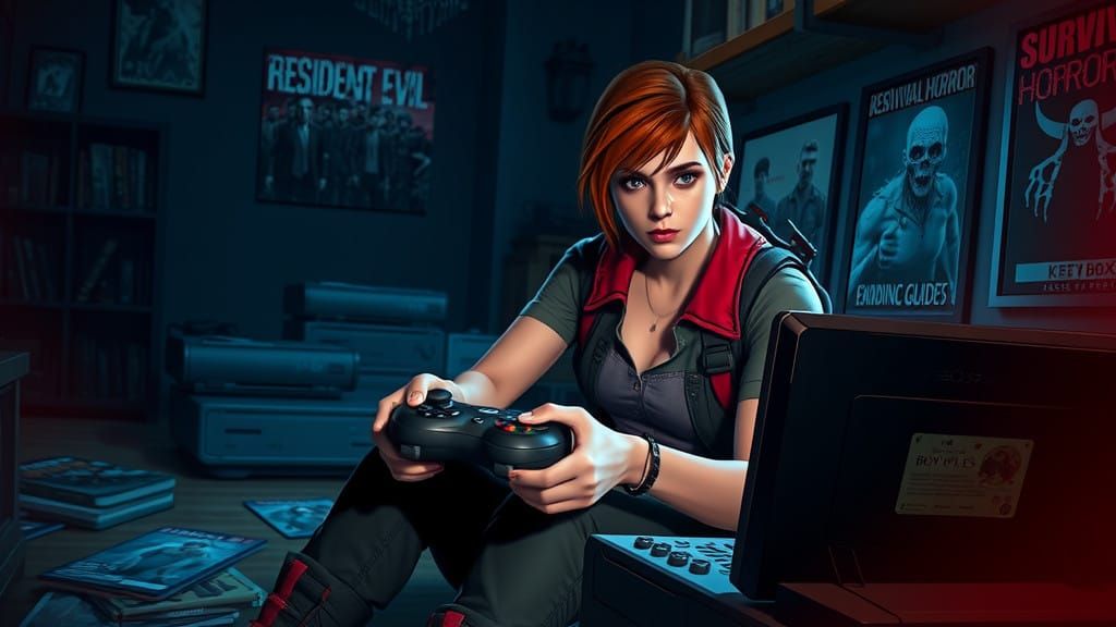 Claire Redfield Gaming in a Futuristic, Gothic Lair