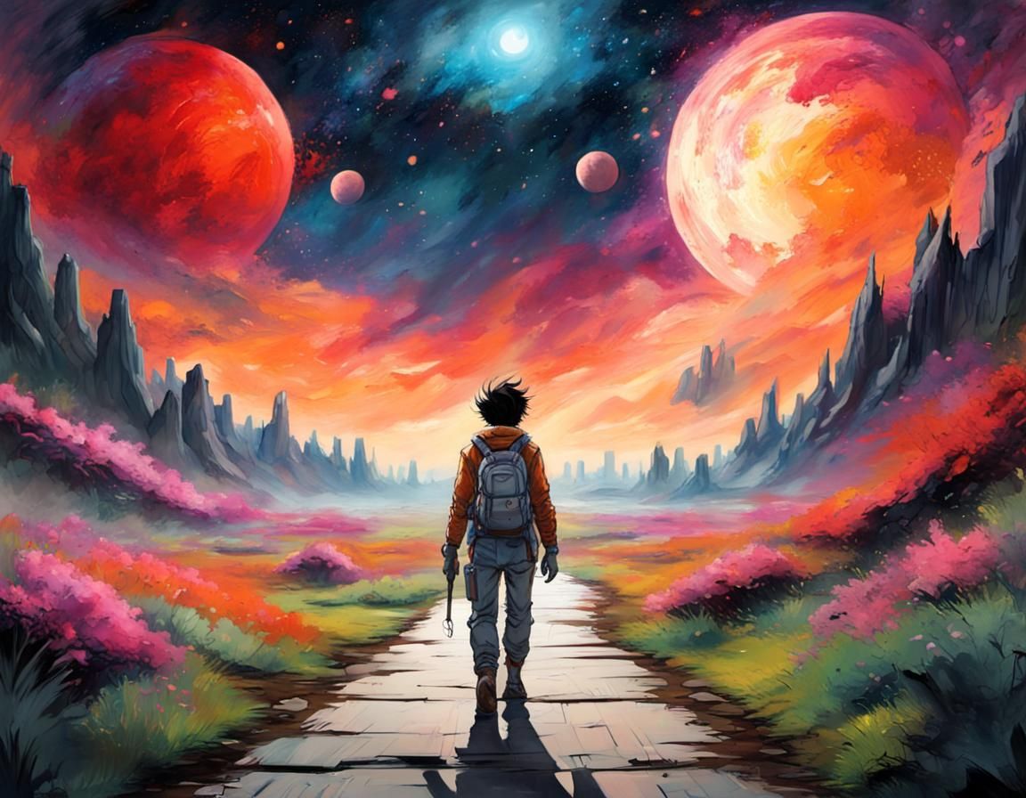 Cosmic Journey: Sci-Fi Character on Detailed Path