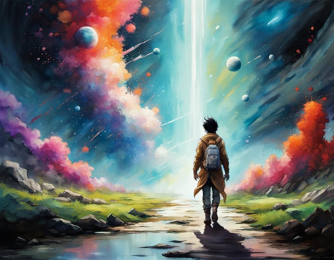 Cosmic Sci-Fi Journey in Digital Watercolor Illustration