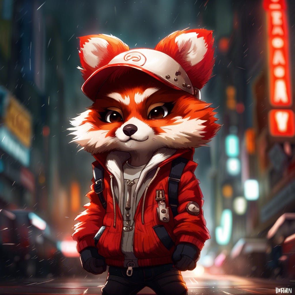 Chibi Red Panda in Streetwear: Detailed Anthropomorphic Art