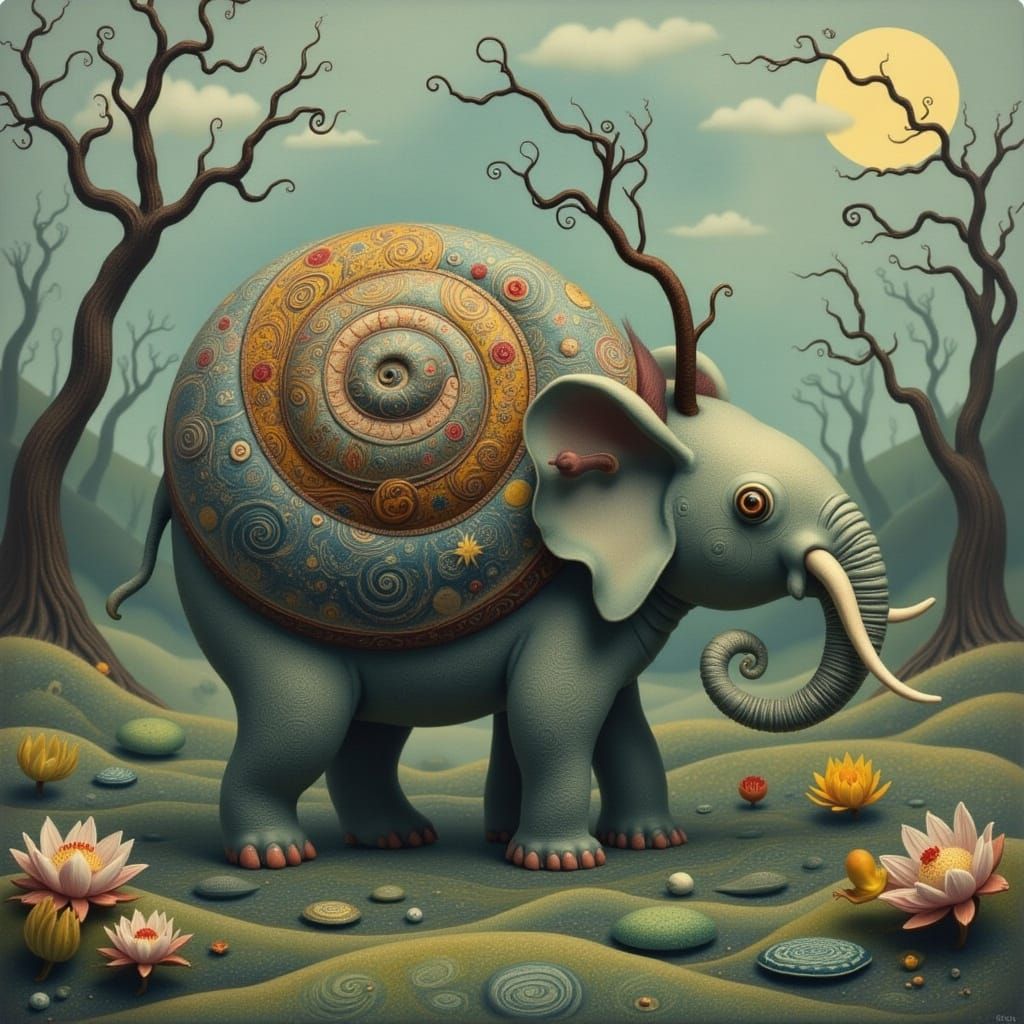 Elephant with Snail Shell in Dreamy Marsh